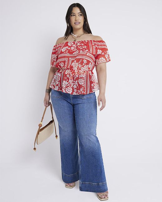River Island Plus Red Floral Frill Bardot Top