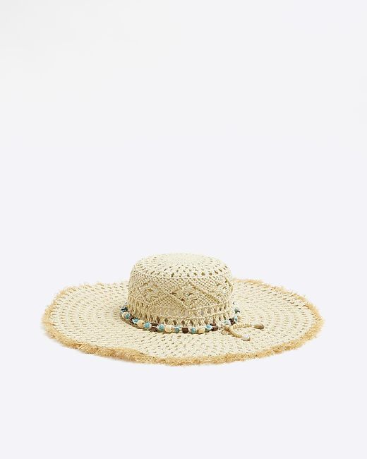 River Island Natural Beige Beaded Straw Hat