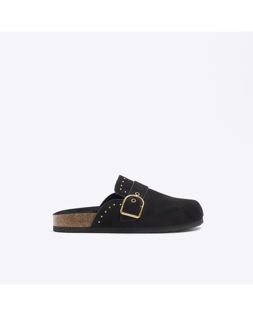 River Island Black Buckle Studded Mule Shoes