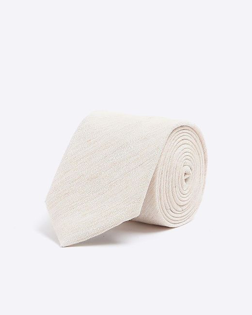 River Island White Linen Blend Textured Tie for men