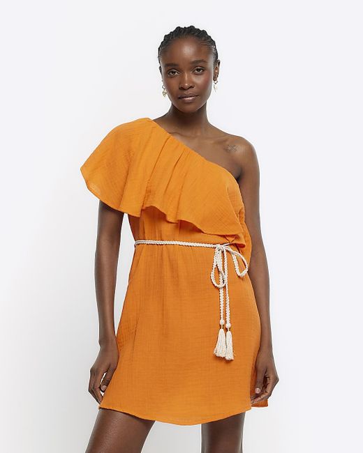 River Island Orange Off Shoulder Belted Shift Mini Dress