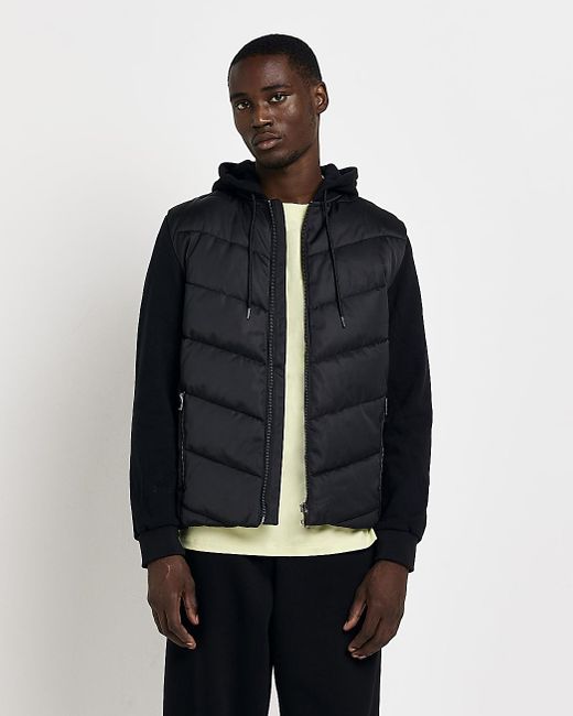 River Island Black Hooded Hybrid Quilted Jacket in Blue for Men Lyst