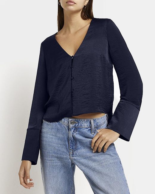 River Island Navy Satin Blouse in Blue Lyst