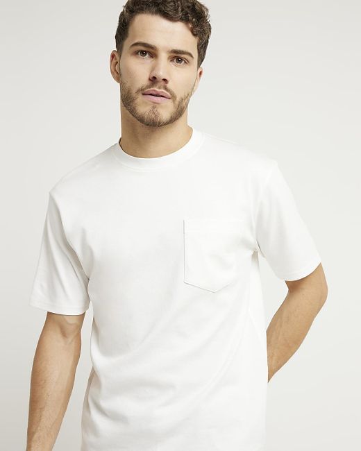 River Island White Beige Slim Fit Mercerised Cotton T-shirt for men