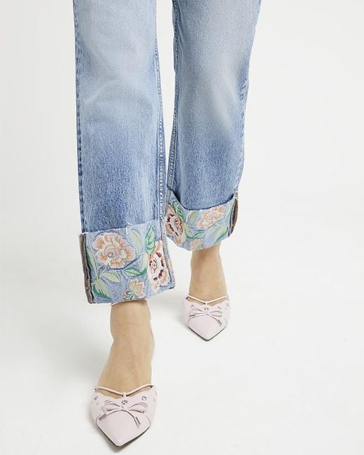 River Island Blue Embroidered Stove Pipe Straight Jeans