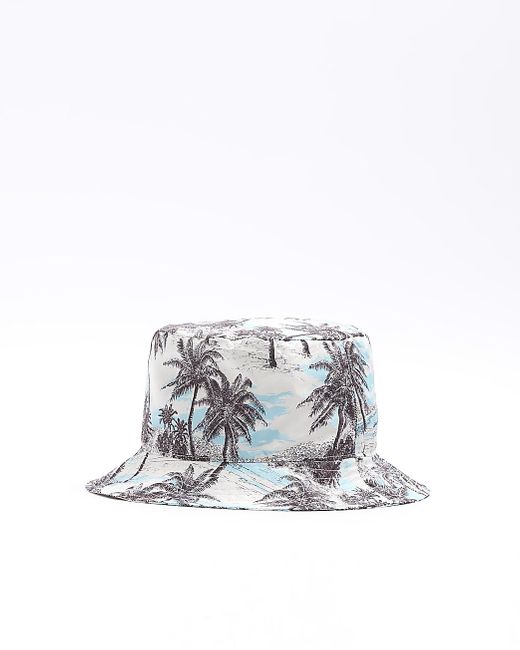 River Island White Blue Palm Tree Bucket Hat for men