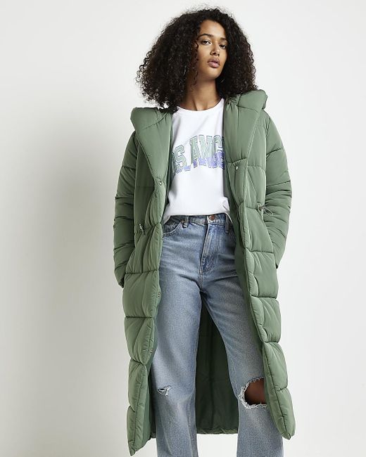 River Island Green Hooded Longline Puffer Coat Lyst Canada