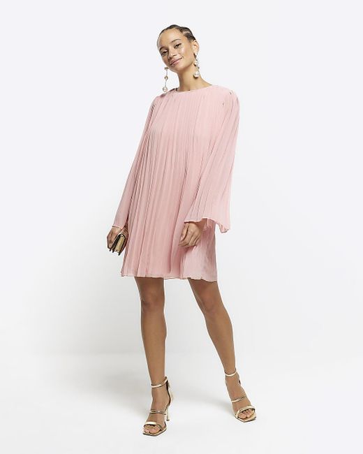 River Island Pink Plisse Long Sleeve Shift Mini Dress