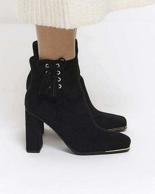 River Island Black Suedette Lace Up Detail Heeled Boots
