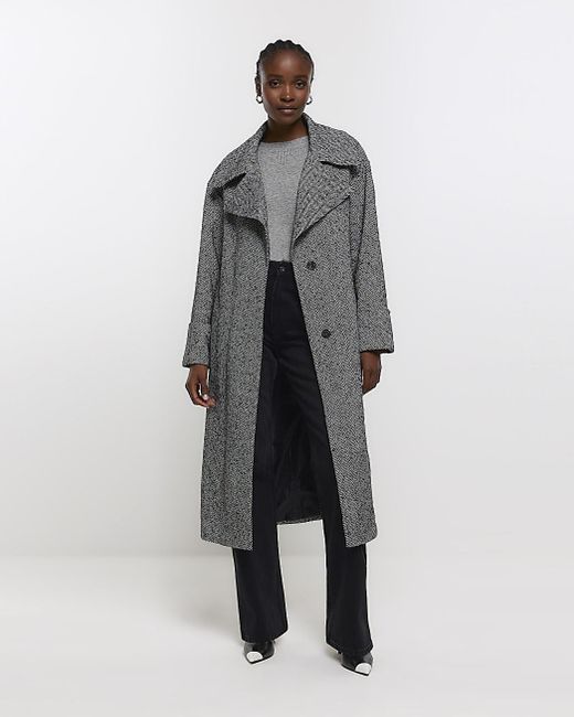 River Island Black Herringbone Longline Coat in Grey Lyst UK