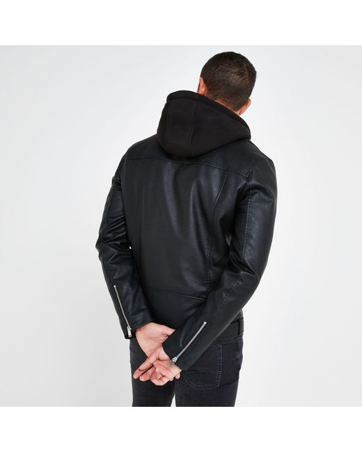 River Island Synthetic Black Hooded Faux Leather Biker