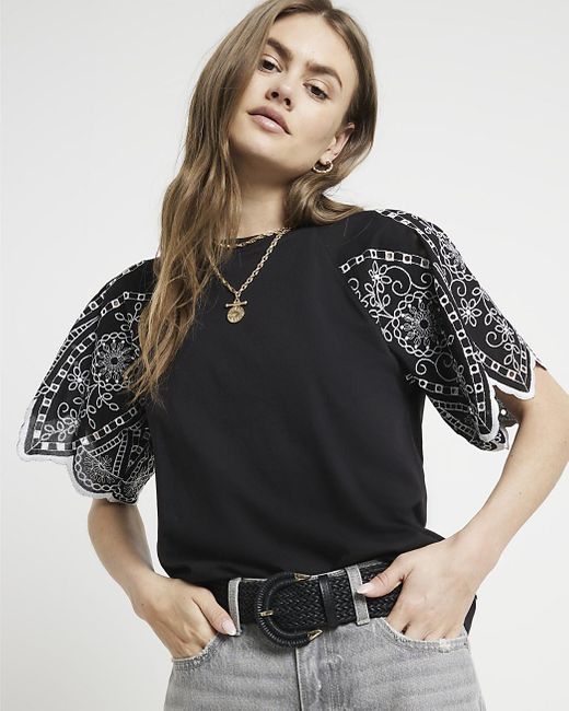 River Island Black Embroidered Sleeve T-shirt