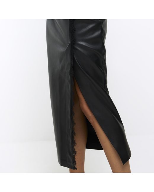 River Island Black Faux Leather Lace Trim Midi Skirt