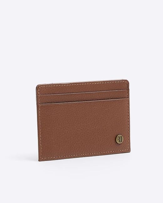 River Island Brown Leather Ri Decal Pebbled Card Holder for men