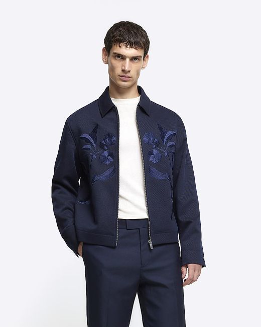River Island Blue Navy Regular Fit Embroidered Floral Jacket for men
