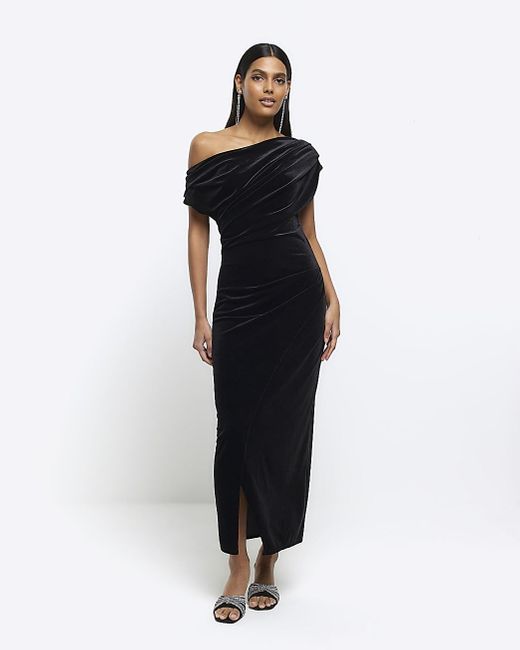 River Island Black Velvet Asymmetric Bodycon Midi Dress
