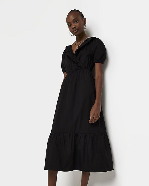 River Island Puff Sleeve Wrap Midi Dress in Black | Lyst