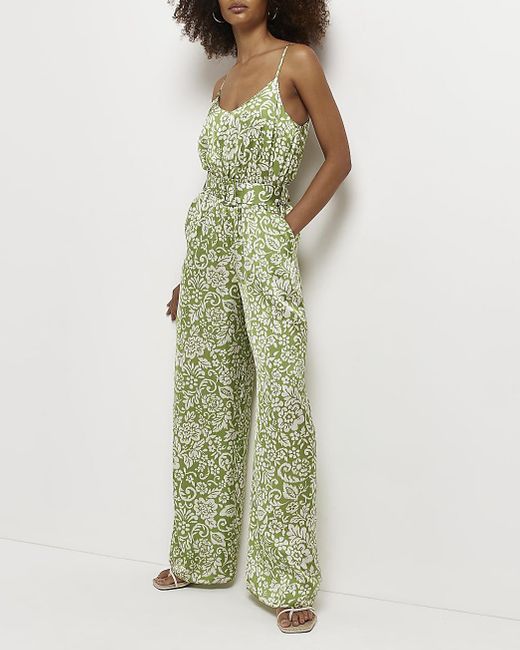 River Island Floral Satin Jumpsuit in Green Lyst UK