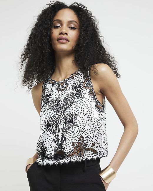 River Island Black Spot Embroidered Cut Out Tank Top