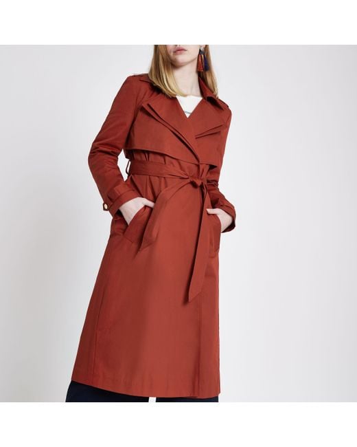 River Island Brown Rust Orange Double Collar Belted Trench Coat