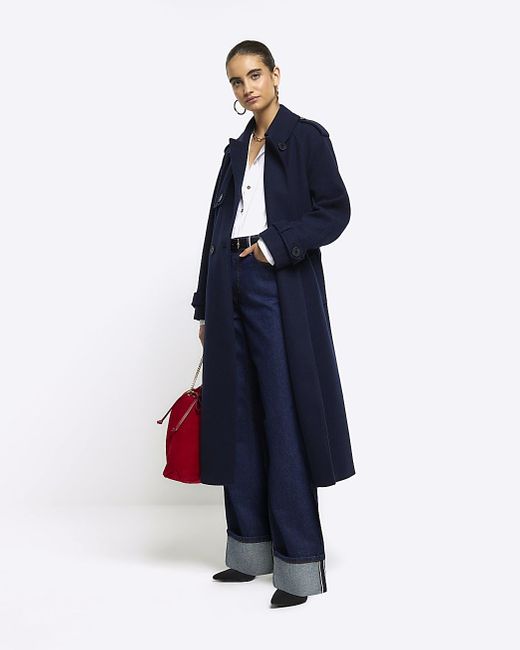 River Island Blue Navy Belted Longline Trench Coat