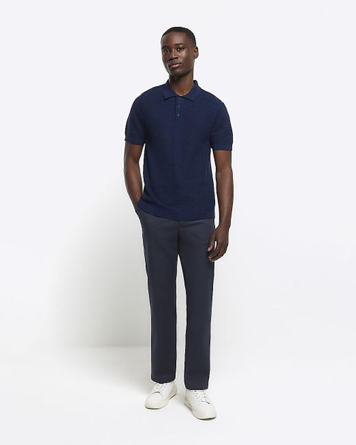 River Island Blue Navy Slim Fit Textured Knit Polo for men