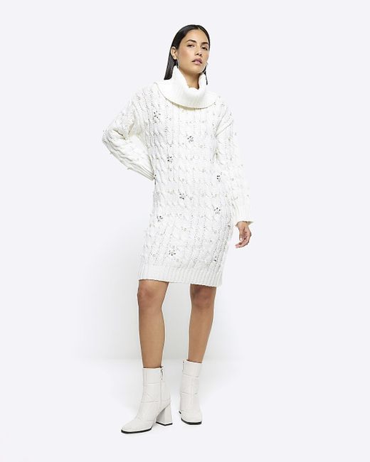 River Island White Cream Cable Knit Pearl Jumper Mini Dress