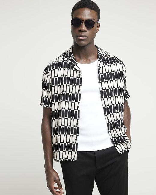 River Island White Black Regular Fit Monochrome Geometric Shirt for men