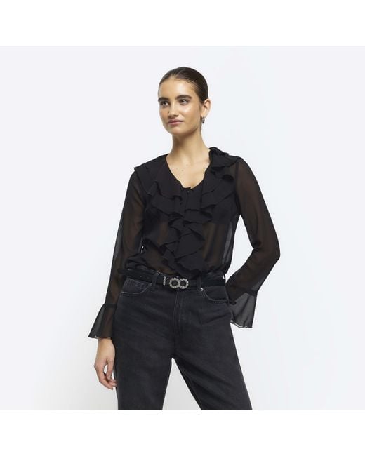 Black chiffon long sleeve top online