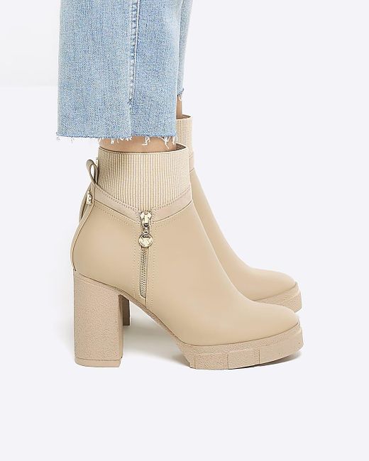 River Island White Cream Side Zip Heeled Ankle Boots