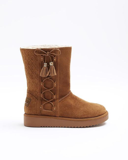 River Island Brown Suedette Embossed Ankle Boots