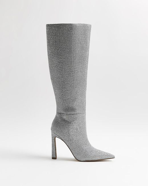 River Island Silver Glitter Knee High Heeled Boots in Grey (Gray) Lyst