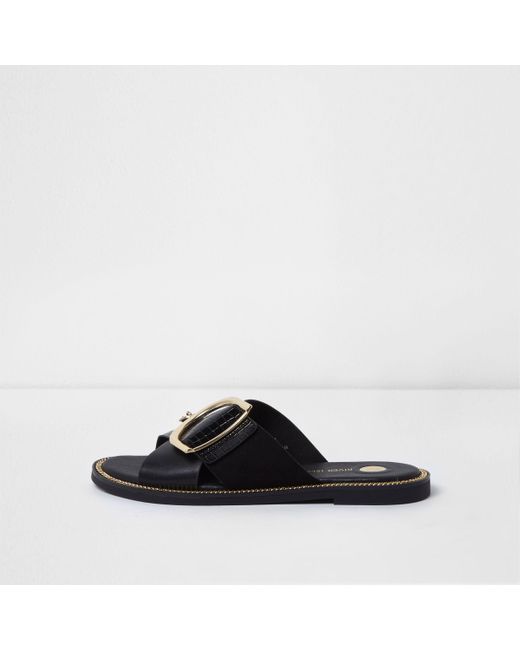 River Island Black Buckle Strap Mule Sandals Lyst