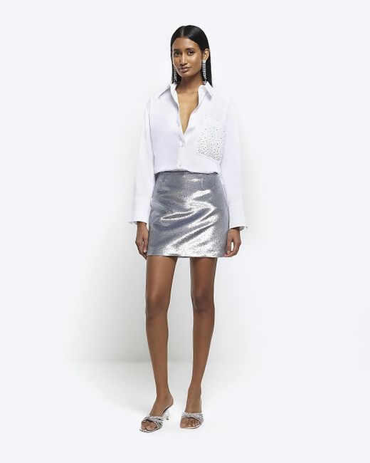 River Island White Silver Metallic Mini Skirt