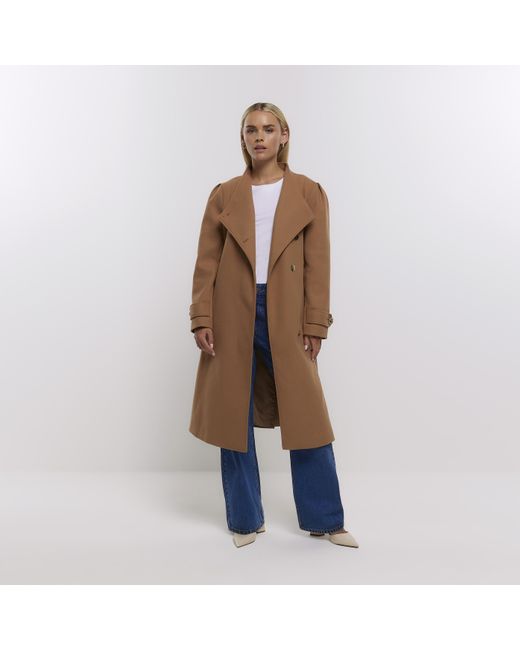 River Island Blue Petite Brown Belted Wrap Coat