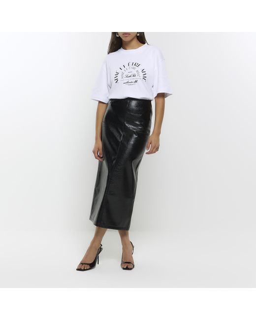 River Island White Black Faux Leather Seamed Midi Skirt