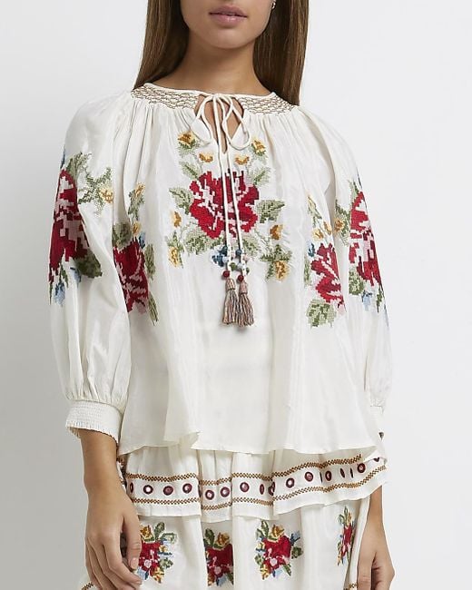 River Island Cream Embroidered Smock Top