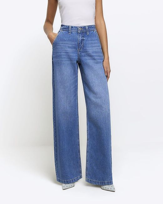 River Island Blue Mid Rise baggy Wide Leg Jeans