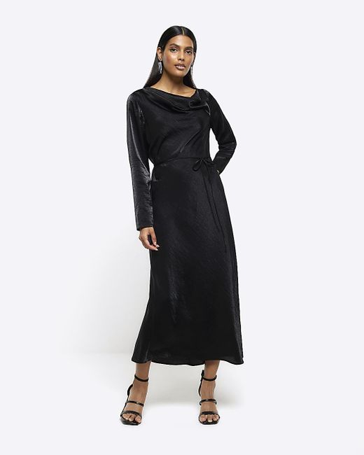 River Island Black Long Sleeve Cowl Neck Column Dress Lyst