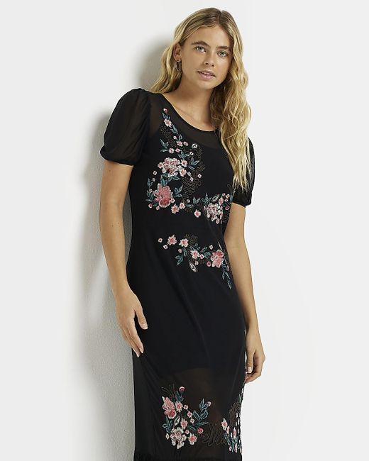 River Island Black Mesh Floral Swing Midi Dress Lyst