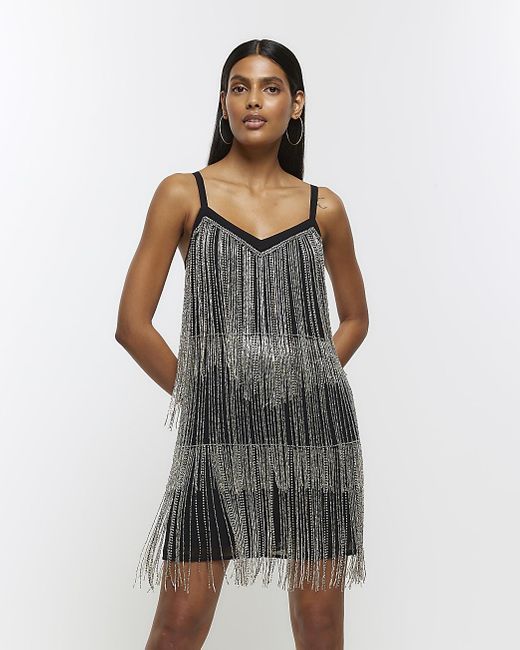 River Island Gray Diamante Tassel Slip Mini Dress