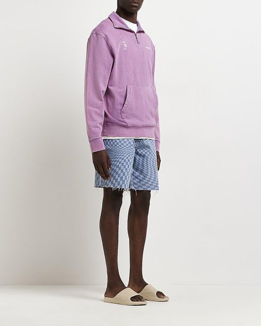 Blue Regular Fit Check Denim Shorts 