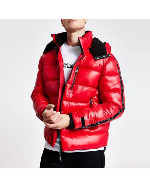 River Island Prolific Red Tape Hooded Puffer Jacket for Men | Lyst UK