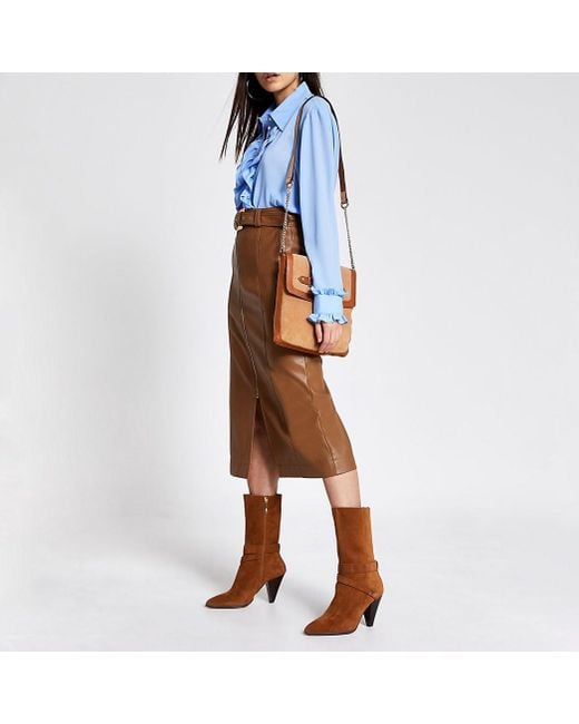 Brown leather skirt zip sale