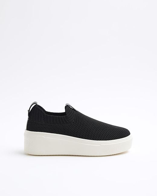River Island White Black Slip On Knit Trainers