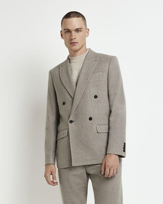 River Island Flannel Slim Fit Double Breasted Suit Jacket in Beige ...