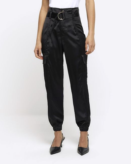 River Island White Black Satin Belted Paperbag Trousers
