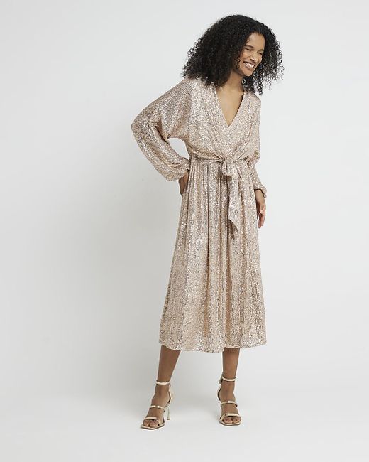 River Island Natural Rose Gold Sequin Tie Front Swing Midi Dress