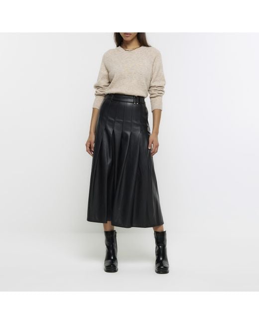 River Island Black Faux Leather Pleated Midi Skirt