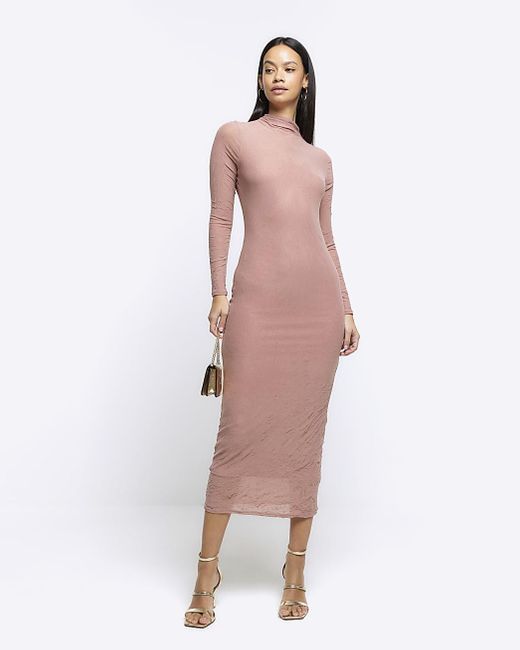 River Island Pink Mesh Long Sleeve Bodycon Midi Dress